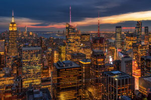 Top Scene of New York City cityscape in lower manhattan at the twilight time, USA downtown skyline